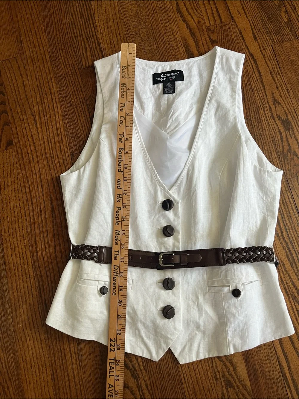 Vintage 90s Sharagano Studio White 100% Linen Button-Up Vest with Brown Belt